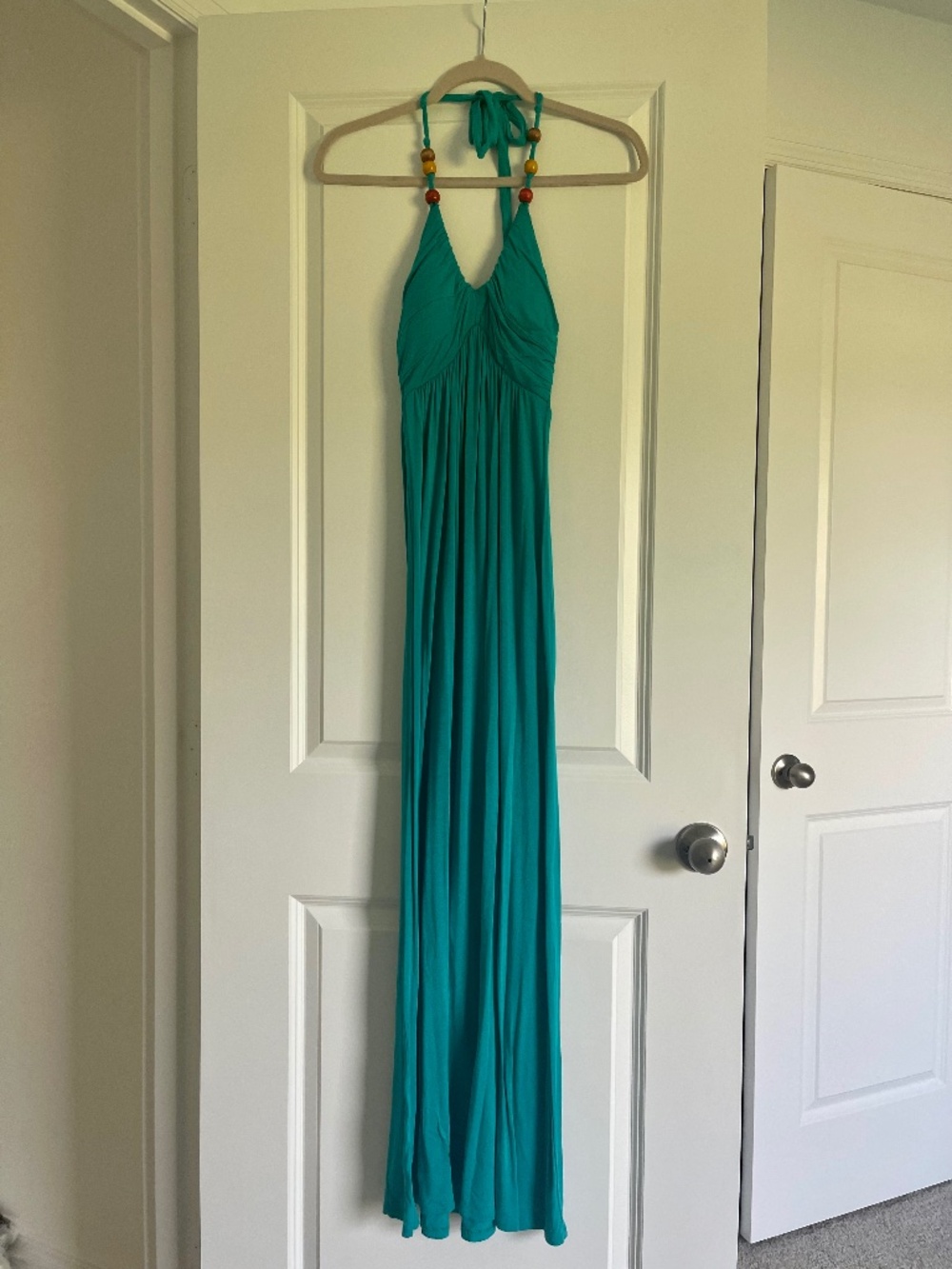 Newport Womens Teal Halter Top Maxi Dress With Beaded Tie Top Size Small